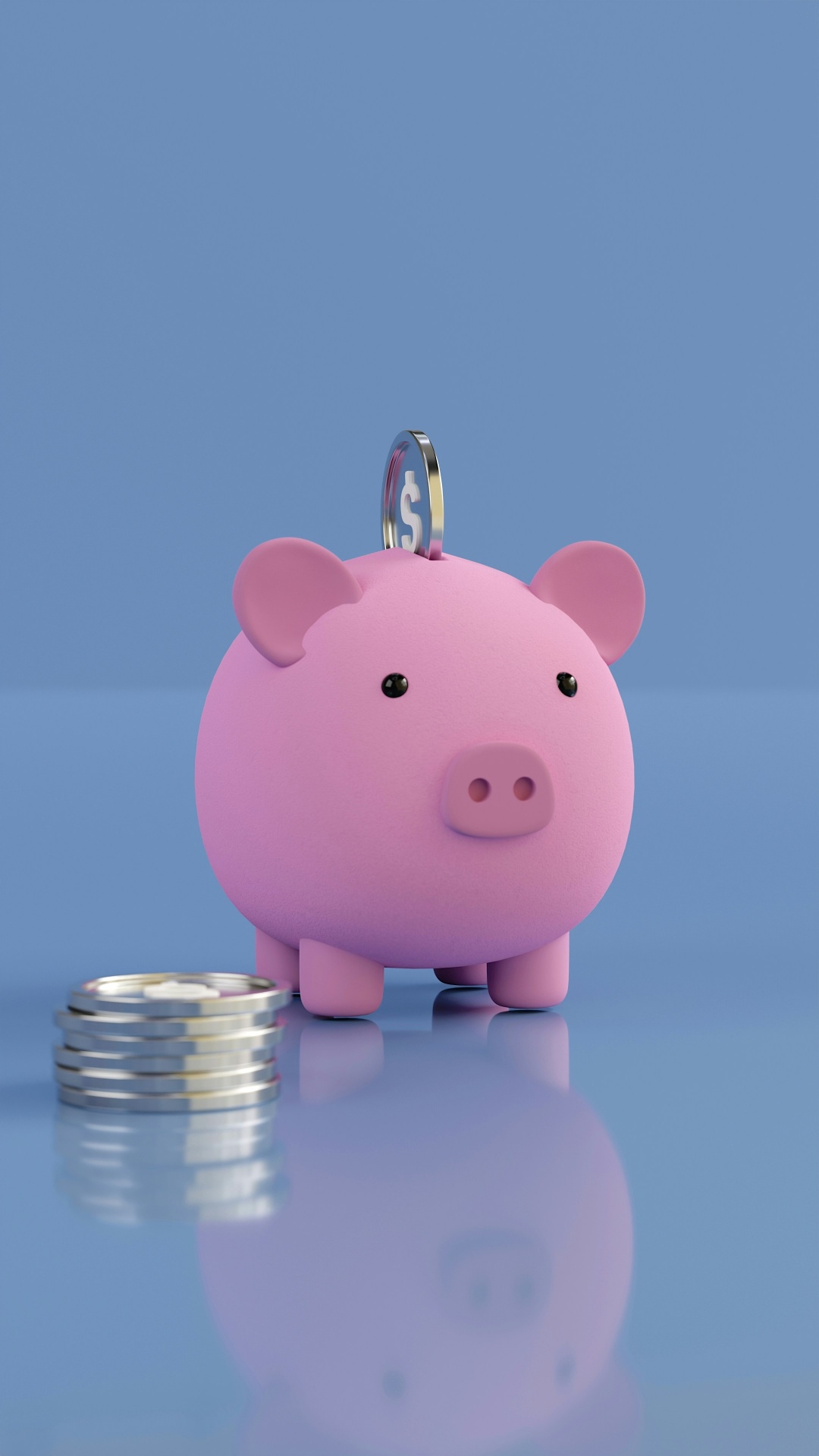 Pink piggy bank with a dollar coin beside a stack of silver coins on a blue background