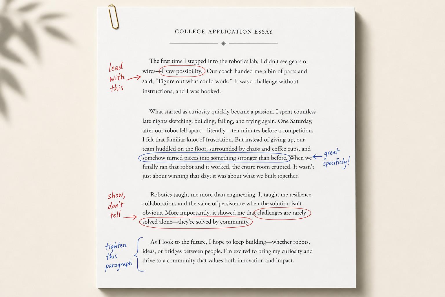 A college application essay marked up with margin notes from a former admissions officer