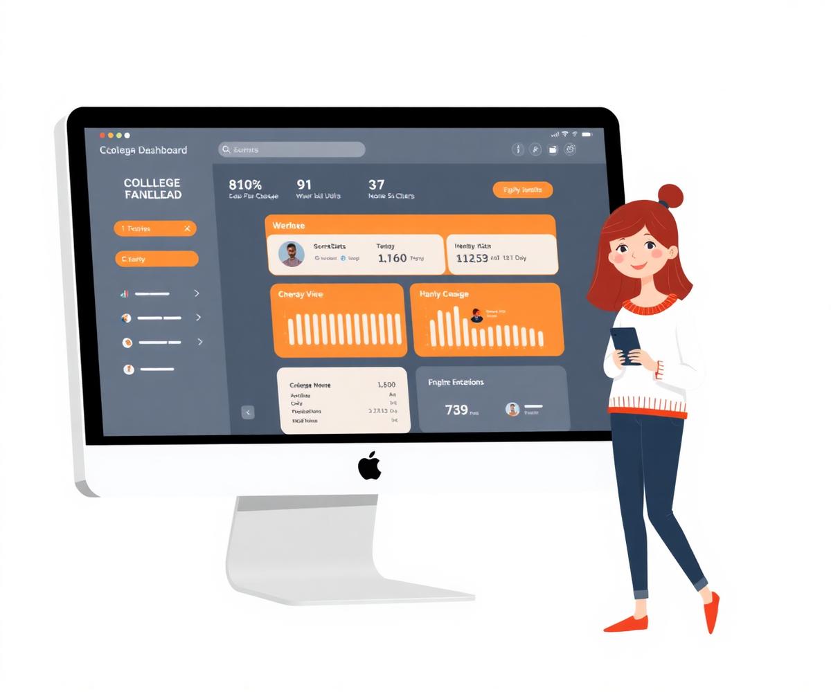 Desktop dashboard with student illustration showing the consultant platform