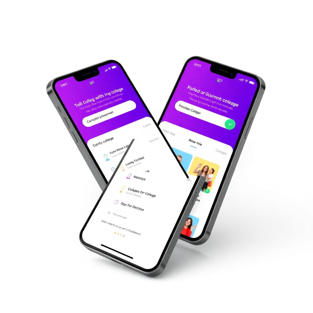 Three phone mockups showing the student college planning app