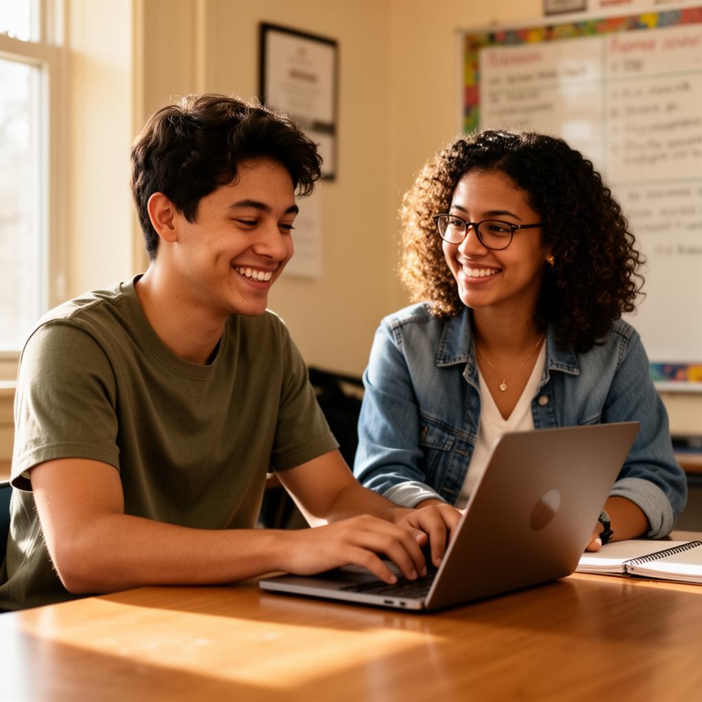 Counselor mentoring a student at a laptop